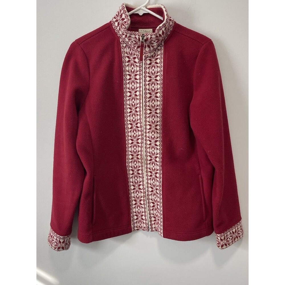 L.L. Bean Nordic Fair Isle Full Zip Fleece Jacket Women’s Red Snowflake MP Cozy